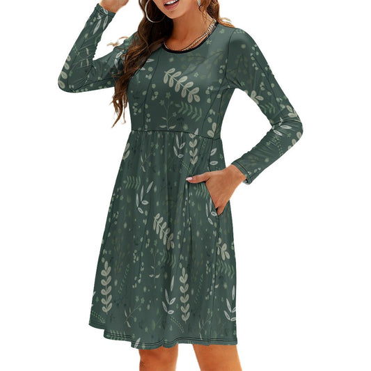 Round Neck Long Sleeve Dress with pockets | Whispering Greens – Forest
