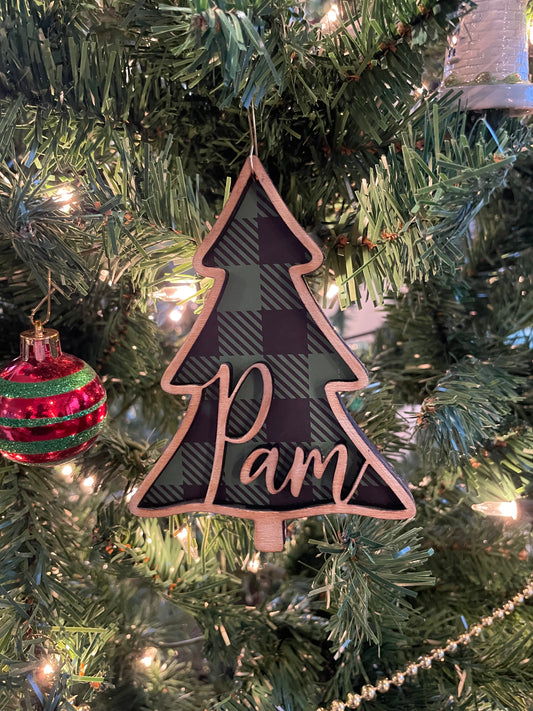 Personalized Christmas Tree Ornament with Cozy Plaid Interior